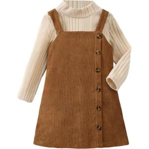 imageSOLY HUX Toddler Girls 2 Piece Outfits Mock Neck Long Sleeve Tee and Button Front Overall Dress SetMulticoloured