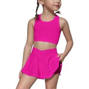 imageSOLY HUX Toddler Girls 2 Piece Workout Outfits Lightweight Crop Tank Tops and Skort Athletic SetPlain Hotpink