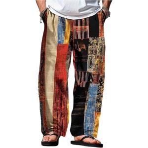 imageSOLY HUX Mens Color Block Baggy Straight Leg Pants Drawstring Elastic Waist Casual Vacation Pants with PocketsMulticoloured Printed