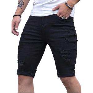 imageSOLY HUX Mens Distressed Jean Shorts Ripped Bermuda Denims Casual Fitted StreetwearSolid Black