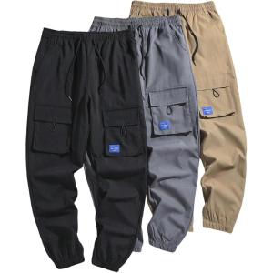 imageSOLY HUX Mens Drawstring Cargo Pants 3 Packs Athletic Hiking Outdoor Jogger Pants StreetwearBlack Grey Khaki