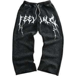 imageSOLY HUX Mens Graphic Baggy Sweatpants Y2k Vintage Gothic Drawstring Elastic Waist Wide Leg Pants StreetwearBlack Textured