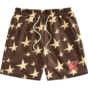 imageSOLY HUX Mens Graphic Sweat Shorts Floral Letter Print Drawstring Waist Track Shorts with PocketCoffee Brown Star