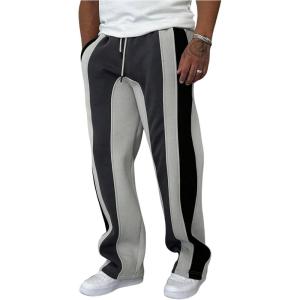 imageSOLY HUX Mens Striped Color Block Sweatpants Drawstring Elastic Waist Baggy Straight Leg Pants with PocketsLight Grey and Black