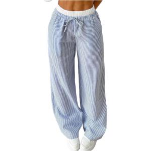 imageSOLY HUX Mens Striped Pants Drawstring Elastic Waist Wide Leg Baggy Pants Casual StreetwearLight Blue Striped