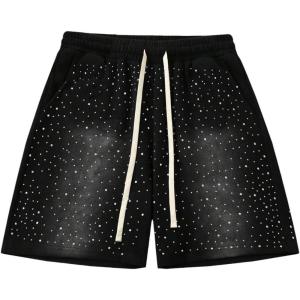 imageSOLY HUX Mens Y2k Rhinestone Shorts Drawstring Elastic Waist Summer Streetwear Shorts with PocketsPlain Black