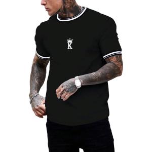 imageSOLY HUX Mens Crown Letter Print Striped Trim Tee Tops Short Sleeve Crew Neck Summer T ShirtBlack Letter Crown