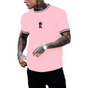 imageSOLY HUX Mens Crown Letter Print Striped Trim Tee Tops Short Sleeve Crew Neck Summer T ShirtPink Crown