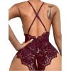 imageSOLY HUX Womens One Piece Lingerie Sexy Lace Babydoll Deep V Teddy Criss Cross Backless Teddy Mini BodysuitPlain Burgundy