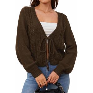 imageSOLY HUX Cardigan Sweaters for Women Cropped Tie Front Bow Lightweight Cardigan Long Sleeve Trendy Fall ShrugsCoffee Brown