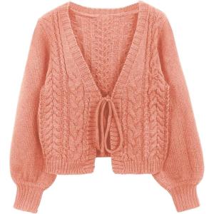 imageSOLY HUX Cardigan Sweaters for Women Cropped Tie Front Bow Lightweight Cardigan Long Sleeve Trendy Fall ShrugsCoral Pink