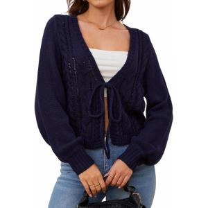 imageSOLY HUX Cardigan Sweaters for Women Cropped Tie Front Bow Lightweight Cardigan Long Sleeve Trendy Fall ShrugsDark Blue