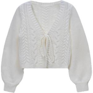 imageSOLY HUX Cardigan Sweaters for Women Cropped Tie Front Bow Lightweight Cardigan Long Sleeve Trendy Fall ShrugsPure Beige