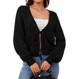 imageSOLY HUX Cardigan Sweaters for Women Cropped Tie Front Bow Lightweight Cardigan Long Sleeve Trendy Fall ShrugsPure Black