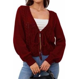 imageSOLY HUX Cardigan Sweaters for Women Cropped Tie Front Bow Lightweight Cardigan Long Sleeve Trendy Fall ShrugsPure Burgundy