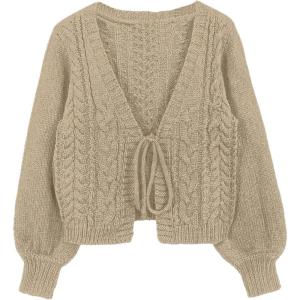 imageSOLY HUX Cardigan Sweaters for Women Cropped Tie Front Bow Lightweight Cardigan Long Sleeve Trendy Fall ShrugsPure Khaki