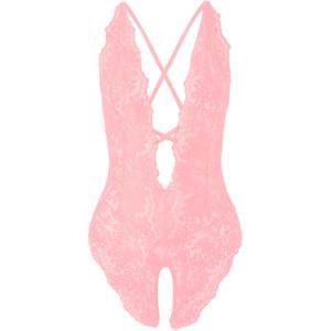 imageSOLY HUX Womens One Piece Lingerie Sexy Lace Babydoll Deep V Teddy Criss Cross Backless Teddy Mini BodysuitCoral Pink
