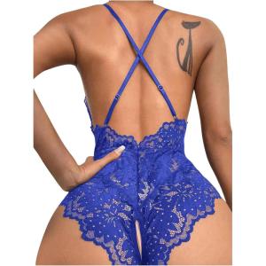 imageSOLY HUX Womens One Piece Lingerie Sexy Lace Babydoll Deep V Teddy Criss Cross Backless Teddy Mini BodysuitDark Blue