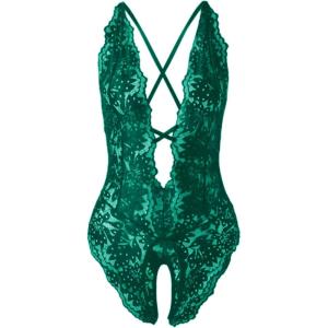 imageSOLY HUX Womens One Piece Lingerie Sexy Lace Babydoll Deep V Teddy Criss Cross Backless Teddy Mini BodysuitDark Green