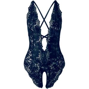 imageSOLY HUX Womens One Piece Lingerie Sexy Lace Babydoll Deep V Teddy Criss Cross Backless Teddy Mini BodysuitDeep Blue