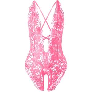 imageSOLY HUX Womens One Piece Lingerie Sexy Lace Babydoll Deep V Teddy Criss Cross Backless Teddy Mini BodysuitHot Pink