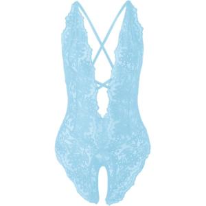 imageSOLY HUX Womens One Piece Lingerie Sexy Lace Babydoll Deep V Teddy Criss Cross Backless Teddy Mini BodysuitLight Blue