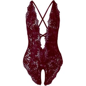 imageSOLY HUX Womens One Piece Lingerie Sexy Lace Babydoll Deep V Teddy Criss Cross Backless Teddy Mini BodysuitPlain Burgundy