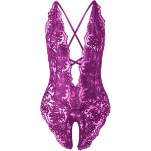 imageSOLY HUX Womens One Piece Lingerie Sexy Lace Babydoll Deep V Teddy Criss Cross Backless Teddy Mini BodysuitPlain Purple