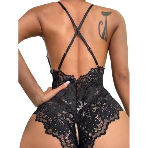 imageSOLY HUX Womens One Piece Lingerie Sexy Lace Babydoll Deep V Teddy Criss Cross Backless Teddy Mini BodysuitPure Black