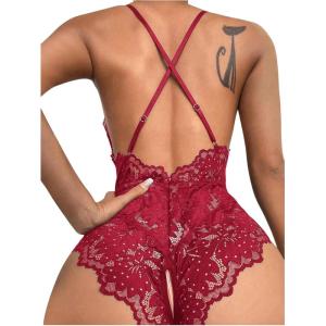 imageSOLY HUX Womens One Piece Lingerie Sexy Lace Babydoll Deep V Teddy Criss Cross Backless Teddy Mini BodysuitPure Burgundy