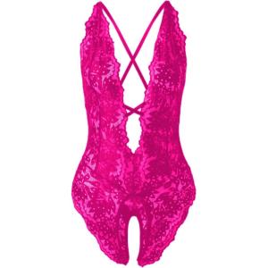 imageSOLY HUX Womens One Piece Lingerie Sexy Lace Babydoll Deep V Teddy Criss Cross Backless Teddy Mini BodysuitPure Hot Pink