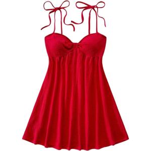 imageSOLY HUX Womens Tie Shoulder Y2k Cami Sun Dress Cute Spaghetti Strap Casual Summer A Line Short Mini DressesPlain Red