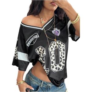 imageSOLY HUX Womens Y2k Leopard Number Graphic Oversized Tops Football Jersey Shirts StreetwearBlack Graphic