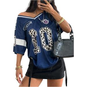 imageSOLY HUX Womens Y2k Leopard Number Graphic Oversized Tops Football Jersey Shirts StreetwearBlue Graphic
