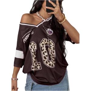 imageSOLY HUX Womens Y2k Leopard Number Graphic Oversized Tops Football Jersey Shirts StreetwearBrown Graphic