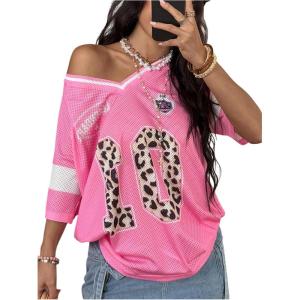 imageSOLY HUX Womens Y2k Leopard Number Graphic Oversized Tops Football Jersey Shirts StreetwearPink Graphic