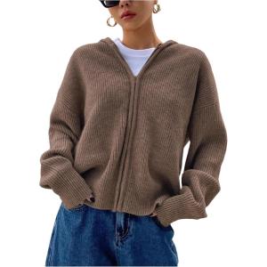 imageSOLY HUX Womens Zip Up Hooded Cardigan Sweater Knitted Drop Shoulder Fall Hoodies OuterwearCoffee Brown