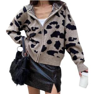 imageSOLY HUX Womens Zip Up Hooded Cardigan Sweater Knitted Drop Shoulder Fall Hoodies OuterwearKhaki Leopard