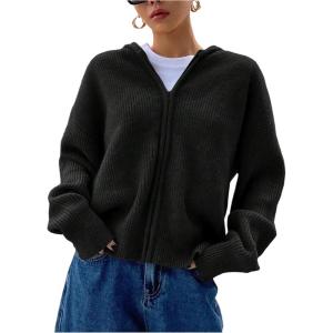 imageSOLY HUX Womens Zip Up Hooded Cardigan Sweater Knitted Drop Shoulder Fall Hoodies OuterwearPlain Black