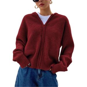 imageSOLY HUX Womens Zip Up Hooded Cardigan Sweater Knitted Drop Shoulder Fall Hoodies OuterwearPlain Burgundy
