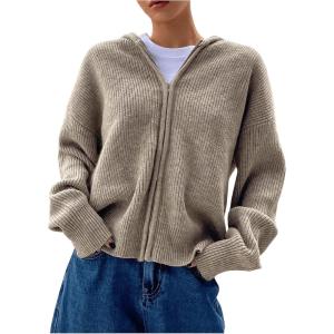 imageSOLY HUX Womens Zip Up Hooded Cardigan Sweater Knitted Drop Shoulder Fall Hoodies OuterwearPlain Khaki