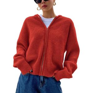 imageSOLY HUX Womens Zip Up Hooded Cardigan Sweater Knitted Drop Shoulder Fall Hoodies OuterwearPlain Red