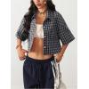 imageSOLY HUX Womens Button Down Vintage Plaid Shirts Short Sleeve Crop Blouses Preppy ClothesDark Blue Plaid