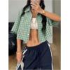 imageSOLY HUX Womens Button Down Vintage Plaid Shirts Short Sleeve Crop Blouses Preppy ClothesGreen and White