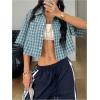 imageSOLY HUX Womens Button Down Vintage Plaid Shirts Short Sleeve Crop Blouses Preppy ClothesTeal Blue Gingham