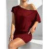 imageSOLY HUX Womens Off The Shoulder Mini Dress Asymmetrical Neck Short Sleeve Casual Bodycon T Shirt DressesPlain Burgundy