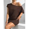 imageSOLY HUX Womens Off The Shoulder Mini Dress Asymmetrical Neck Short Sleeve Casual Bodycon T Shirt DressesPlain Coffee Brown