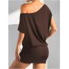 imageSOLY HUX Womens Off The Shoulder Mini Dress Asymmetrical Neck Short Sleeve Casual Bodycon T Shirt DressesPlain Coffee Brown