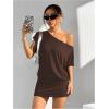 imageSOLY HUX Womens Off The Shoulder Mini Dress Asymmetrical Neck Short Sleeve Casual Bodycon T Shirt DressesPlain Coffee Brown