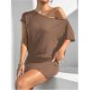 imageSOLY HUX Womens Off The Shoulder Mini Dress Asymmetrical Neck Short Sleeve Casual Bodycon T Shirt DressesPlain Khaki